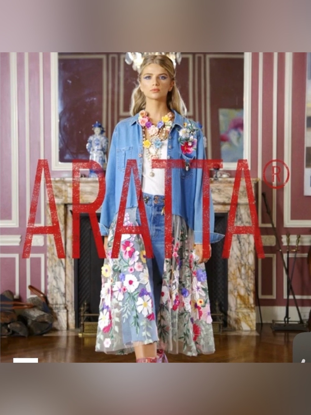 Aratta Rosaline Multi-Color Floral Statement Necklace with Pearl & Gold Chains - Picture 2 of 9